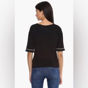 Anthropologie W5 Knit Top Black Bell Sleeve embroidery Tribal Trim Cropped Sz S